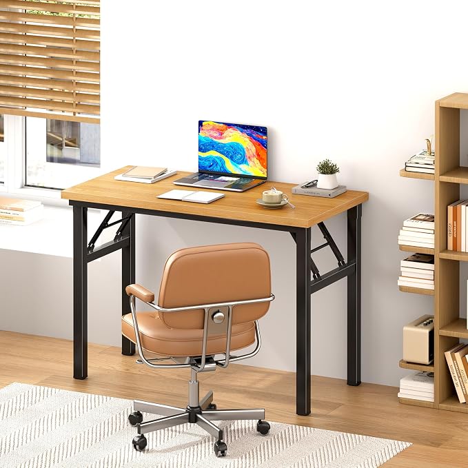 DlandHome 31.5 Inch Small Folding Computer Desk for Home Office, Teak Black | Foldable Writing Table for Small Spaces Bedroom, No Assembly Required, Wood Top Metal Frame, Collapsible Compact Easy Storage - Image 2