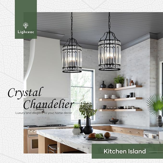 Modern Black Pendant Island Light Fixtures for Kitchen, Luxury Elegant Crystal Small 4-Light Chandeliers for Dining Room, Industrial Cage Hanging Ceiling Lighting for Bedroom Foyer Hallway - Image 3