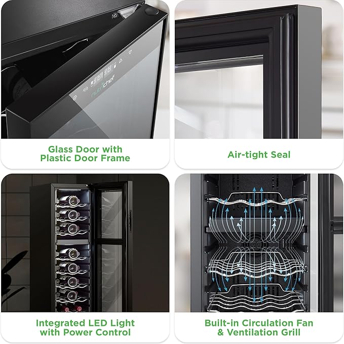 NutriChef 24 Bottle Wine Fridge | Dual Zone Chiller | Adjustable Temperature 41°F to 64°F | Ultra Quiet Operation | Wine Cooler for Home, & Office | FreeStanding 39x11x23 in (Black)