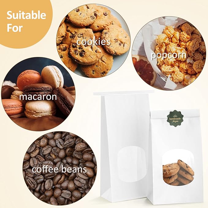 BagDream Small Cookie Bags 4.6x2.48x9.6 Inch Tin Tie Closure 100 Pcs White | Resealable, Window, Grease Resistant, For Homemade Baked Goods, Snack, Coffee Beans, Party Favor, Gift Giving, Small Business - Image 3