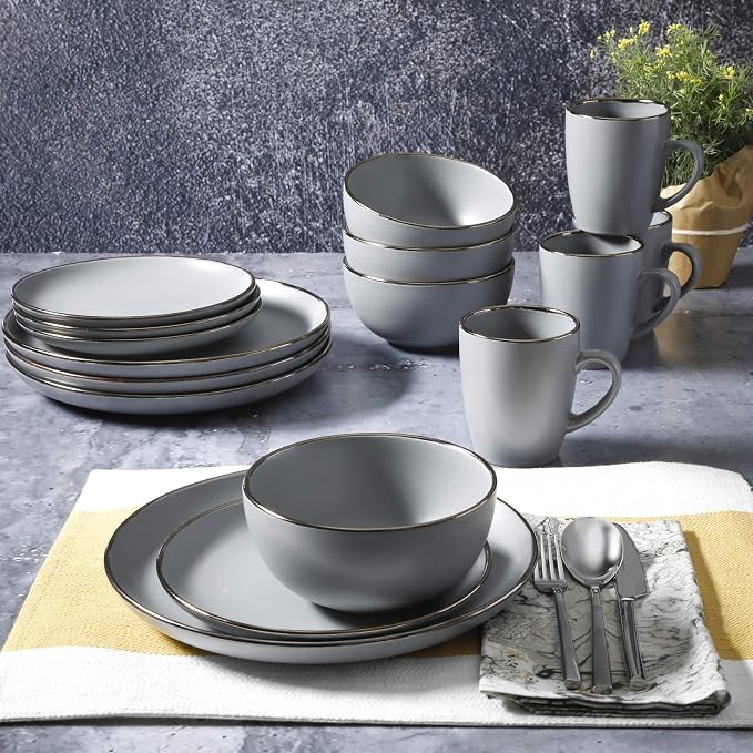 Gibson Home Rockaway 16-Piece Round Stoneware Dinnerware Set, Service for 4 – Grey with Gold Rim Plates and Bowls, Microwave & Dishwasher Safe - Image 5