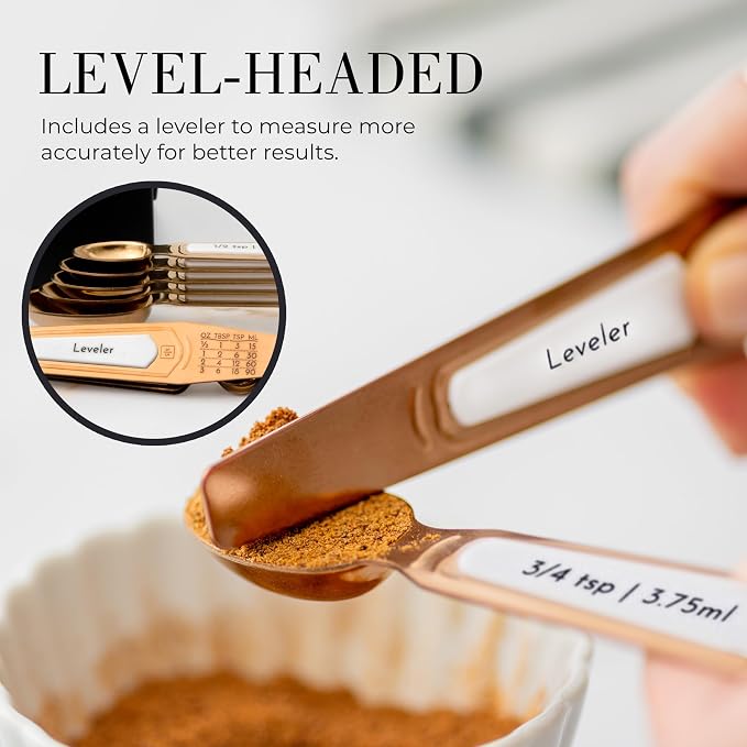 Styled Settings Copper Measuring Spoons Set with Leveler, 8-Piece | Double-Sided Nesting Magnetic Measuring Spoons, Stackable & Spice Jar Friendly -Stylish Copper Kitchen Accessories for Baking - Image 7