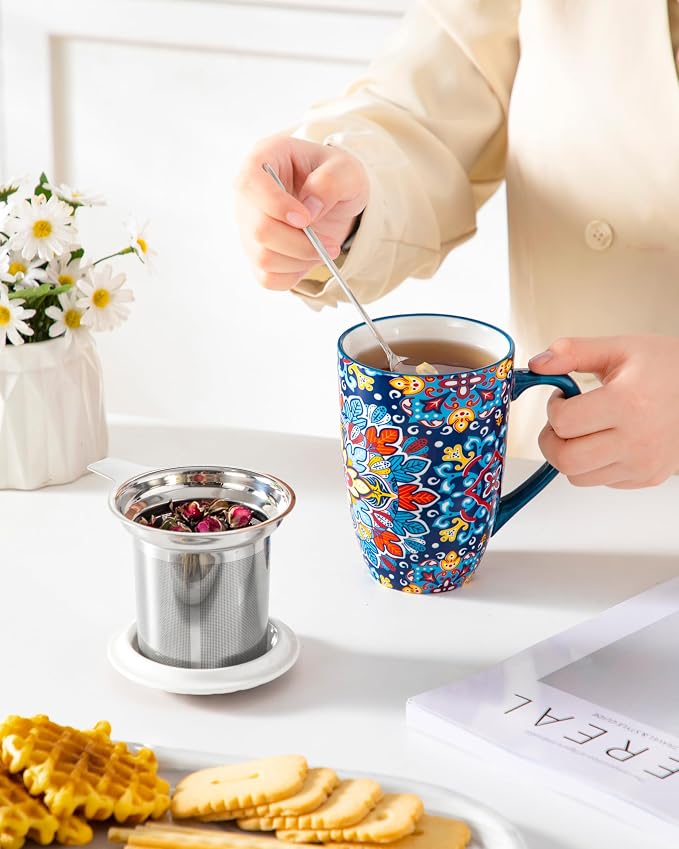 vancasso Ceramic Tea Mug with Infuser and Lid, 18 Ounce Bohemian Loose Leaf Cup, Microwave & Dishwasher Safe, Perfect for Tea, Coffee, Royal-Crimson Flourish - Image 7
