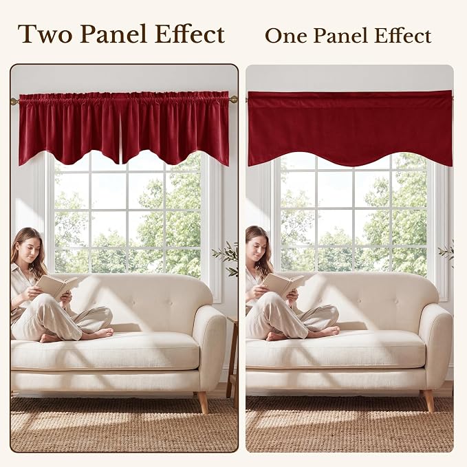 Red Christmas Window Valance 52x18 Inch 1 Panel | Thick Velvet Cafe Curtains with Wavy Edge, Vintage Privacy Small Window Treatment for Dining Room, Kitchen Decor - Image 7
