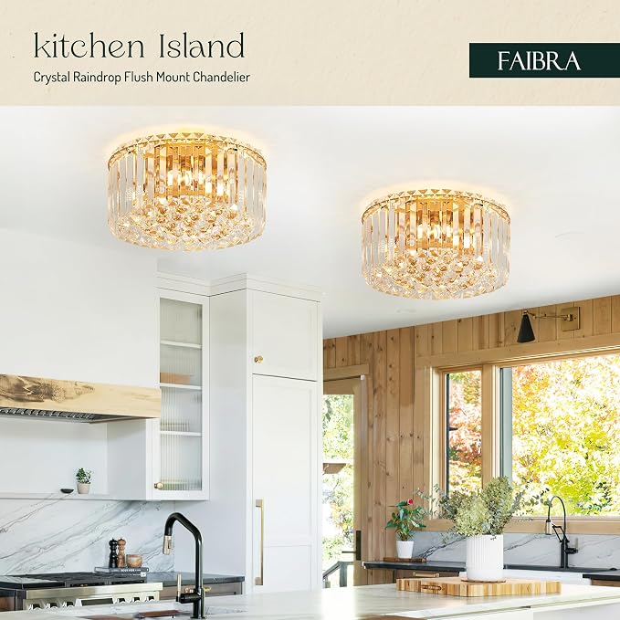 12.6" Gold K9 Crystal Raindrop Flush Mount Ceiling Light, Modern Chandelier, Round Luxury Light Fixture for Dining Room, Bedroom, Hallway, Kitchen Island & Living Room - Image 3