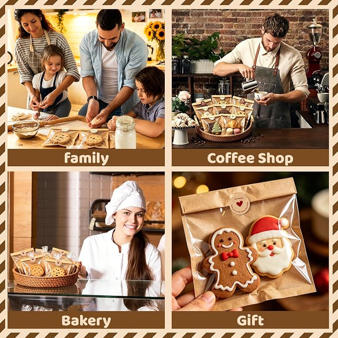 Individual Cookie Packaging Bags with Seal 120 Pack Bakery Bags for Cookies | 5.7x6.5 Inch Kraft Paper Cookie Bags with 120PCS Handmade Sticker Bakery Packaging Bags with Window for Candy Scone Brownie - Image 6
