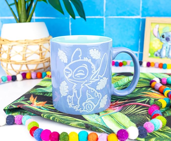 Silver Buffalo Disney Lilo and Stitch, Wax Resist Ceramic Pottery Mug, 20oz | Sitting Tropical Leaves, Cute But Cheeky, Etched Engraved, 0.59 Liters - Image 5