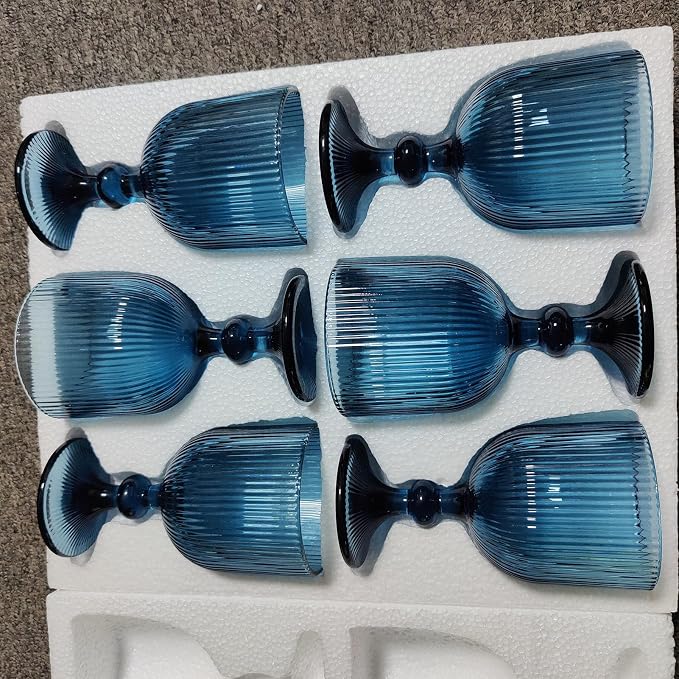Taganov Blue Glasses Drinking Water Goblets set of 6 Big Vintage Glassware 13oz Colored Wine Glasses for Wedding Party Bar Vertical Line Embossed Pattern Stemmed Cups 400ml - Image 6