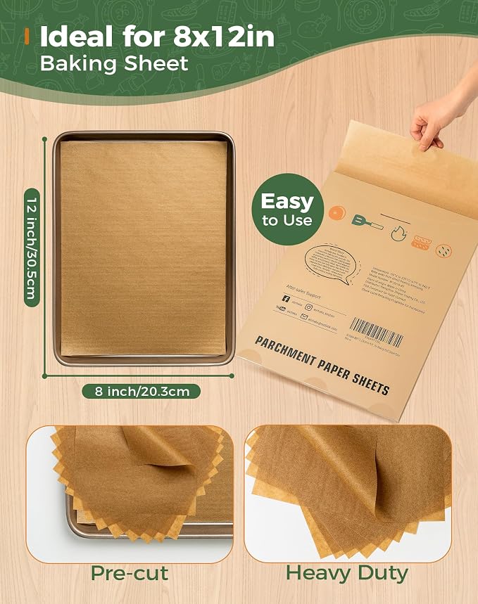120Pcs 8x12 Unbleached Parchment Paper Sheets, Non-Stick & Heavy Duty Baking Paper, Pre-Cut Parchment Paper for Baking, Cooking, Air Fryer, Steaming, Grilling, Sandwiches Wrapping - Image 2