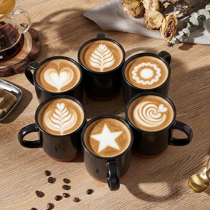 E-far Ceramic Coffee Mug Set of 6, 12oz Stoneware Coffee Cup with Handle, Porcelain Tea Cups, Modern Farmhouse Latte Mug Gift Set for Women & Men, Microwave Safe, Matte Black - Image 4