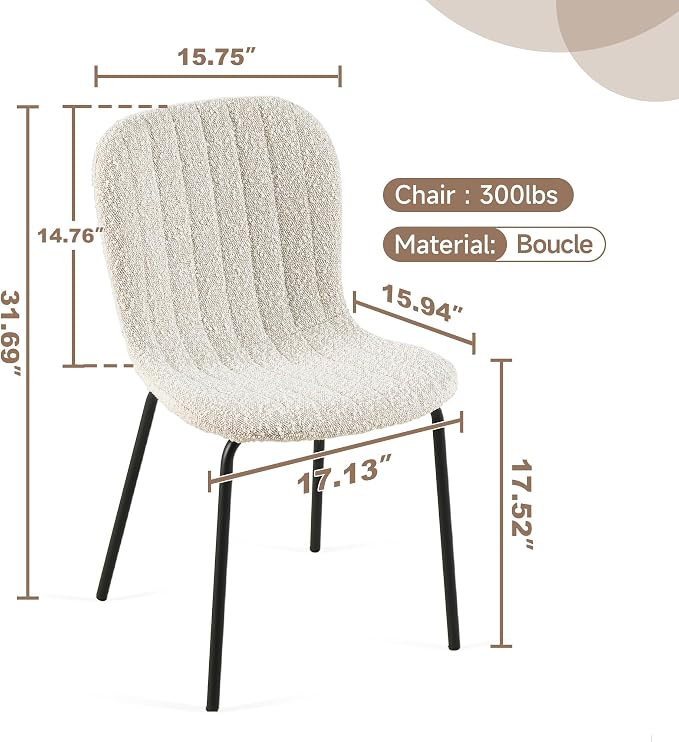 Dining Chair Set of 4, Boucle Kitchen Chairs for Small Spaces, White | Black Metal Legs, Curved Backrest, Fabric Upholstered, Modern Comfort for Dining Room, Space-saving, Restaurant & Cafe - Image 3
