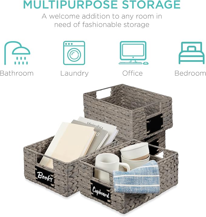 Best Choice Products Set of 4 9x12in Water Hyacinth Pantry Baskets, Woven Organizers w/Chalkboard Label, Chalk Marker - Gray - Image 6