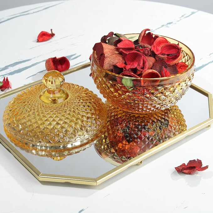 Joeyan 12 oz Small Amber Glass Jars with Lid,Embossed Glass Candy Dishes,Diamond Faceted Food Container,Decorative Jewelry Box Apothecary Canisters,Colored Kitchen Bathroom Buffet Storage Organizer - Image 4