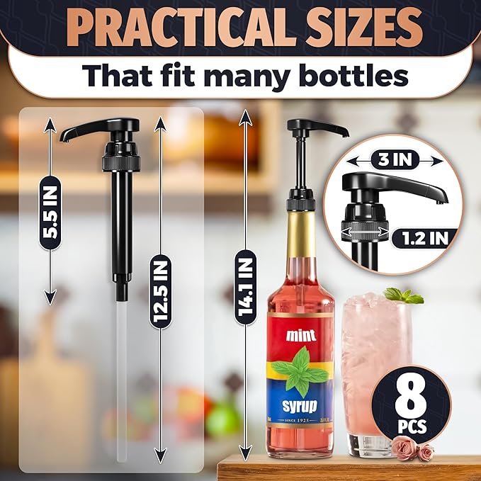 8 Pcs Coffee Syrup Pump Dispenser - 12.4" Black Syrup Dispenser Pump, Easy to Use and Clean, Adjustable Length, Durable and Lightweight, Lockable Design, Good for Home and Business Usage