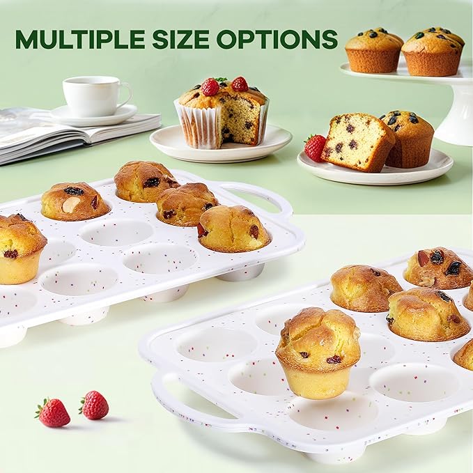 Silicone Muffin Pan with Metal Reinforced Frame - Non-Stick 12 Cups Muffin Pan for Homemade Making Muffin Cakes, Tart, Bread, Oven and Dishwasher Safe - Cream with Rainbow Dots Set of 2