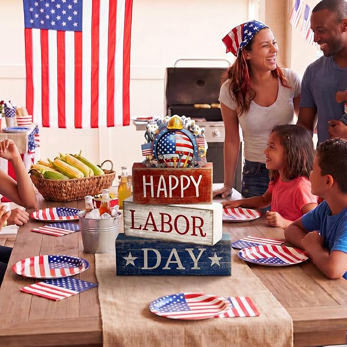 Moucuny 4 Pcs Labor Day Table Decoration Patriotic Worker Wooden Stacked Block Decor with American Flag Topper Happy Labor Day Centerpieces Patriotic Tiered Tray Decor for American Party Home Office - Image 4