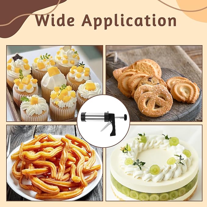 Stainless Steel Cookies Press Set, Churro Maker Machine, Cookie Press Gun Kit with 13 Cookie Discs, 8 Piping Tips and 2 Clean Brushes for DIY Biscuit/Cake Maker and Decorating Baking Supplies