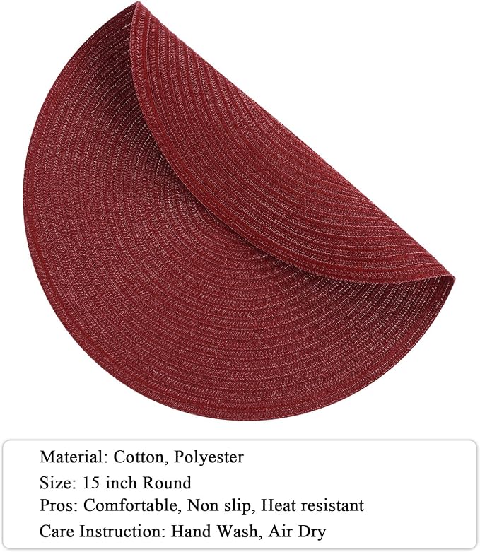 SHACOS Round Placemats Set of 6 for Dining Table 15 inch Round Braided Place Mats Washable Non Slip Kitchen Table Mats, Burgundy - Image 2