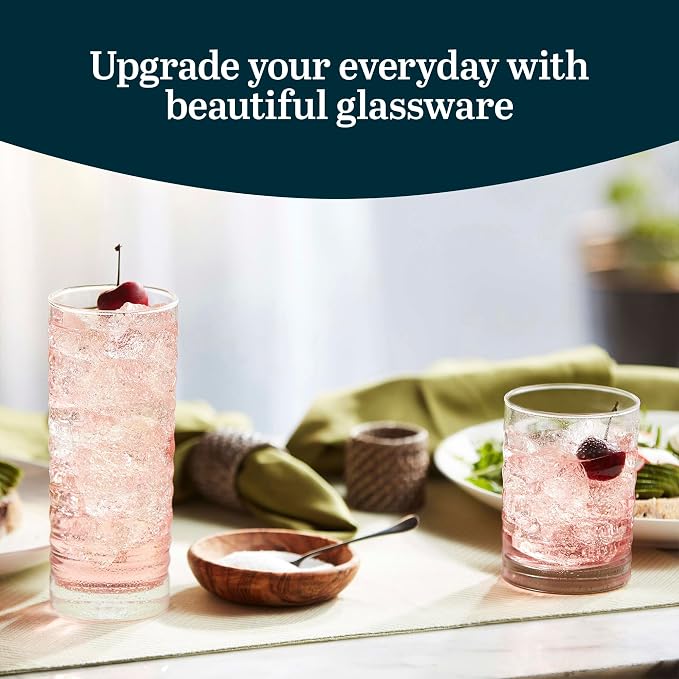 Libbey Pueblo Tumblers and Rocks Glass Cups Set, Wavy and Groovy Drinking Glasses Set of 16, Dishwasher Safe Modern Glassware for Everyday Use - Image 2