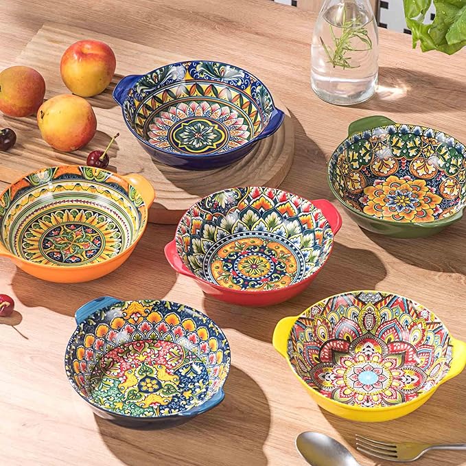Henten Home Ceramic Soup Bowls Set, 14 oz Cereal Bowl Set of 6, Small Dessert Bowls with Handle, Boho Serving Bowls Set for Kitchen, Snack, Salad, Microwave & Dishwasher Safe - Image 4