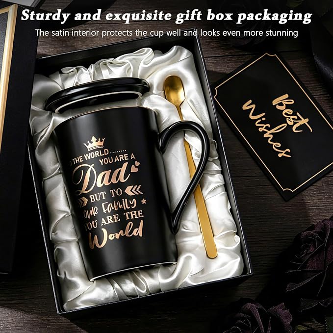 Birthday Dad Gifts from Daughter Son, 14Oz Coffee Mug Print Real Gold | Unique Matte Black Ceramic Cup With Lid Spoon Card Nice Box - Christmas Birthday Fathers Day Gifts for Dad Husband Stepfather - Image 5
