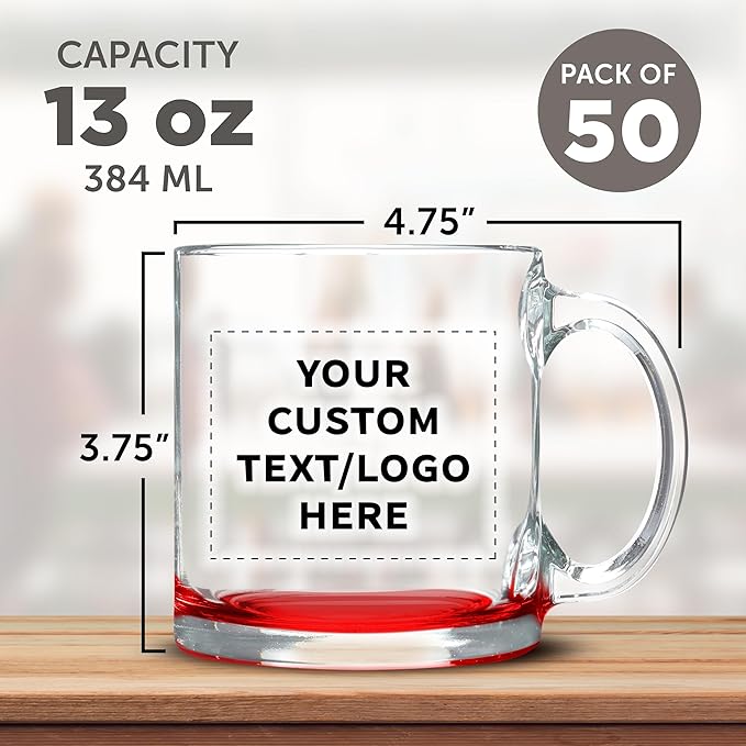 Custom Libbey Clear Glass Coffee Mugs 13 oz. Set of 50, Personalized Bulk Pack - Perfect for Coffee, Tea, Espresso, Hot Cocoa, Other Beverages - Red Bottom