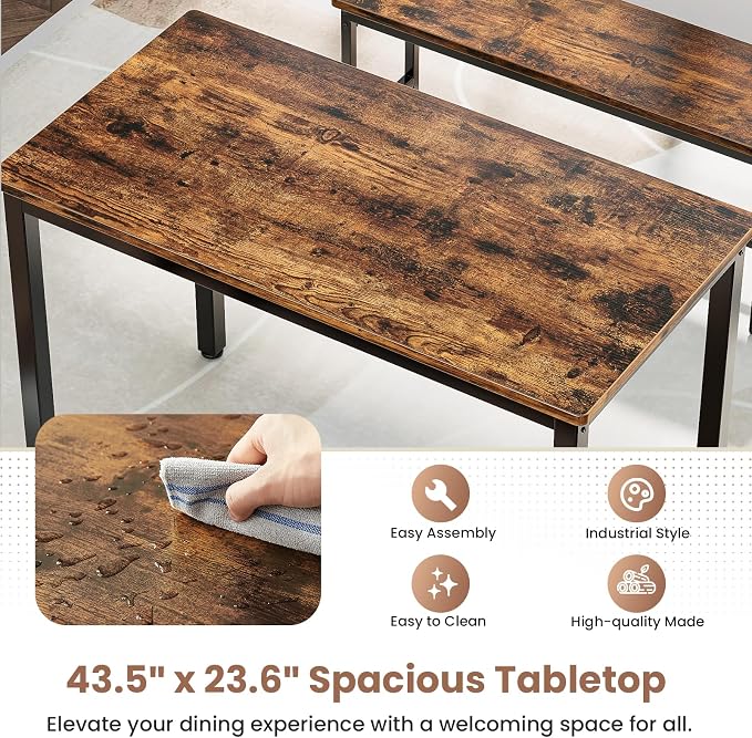 Dining Table Set for 4, Kitchen Table with 2 Benchs, Brown | Modern Functional 3 Piece Space-Saving Dining Room Table Set for Apartment, Breakfast Nook, Small Space - Image 7