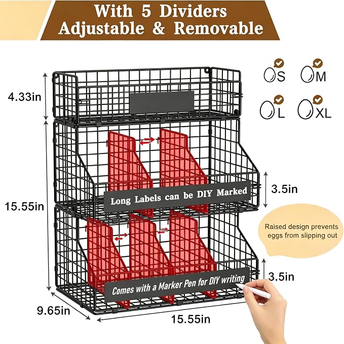 Egg Holder Countertop with 5 Dividers & DIY Nameplate to Separate Eggs | 3 Tier Stackable Wire Storage Baskets for Gathering Fresh Eggs, XXL Large Egg Rack, Wall-Mounted (Patent Pending) - Image 6