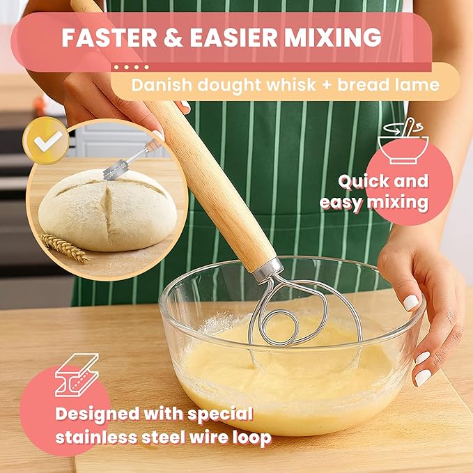 SWAKIK18 Plus Sourdough Starter Kit Set Sourdough Bread Baking Supplies Great Gift Beginners Bread Makers 24oz Fermentation Jar 9" and 10" Silicone Banneton Bread Proofing Basket, Dough Whisk