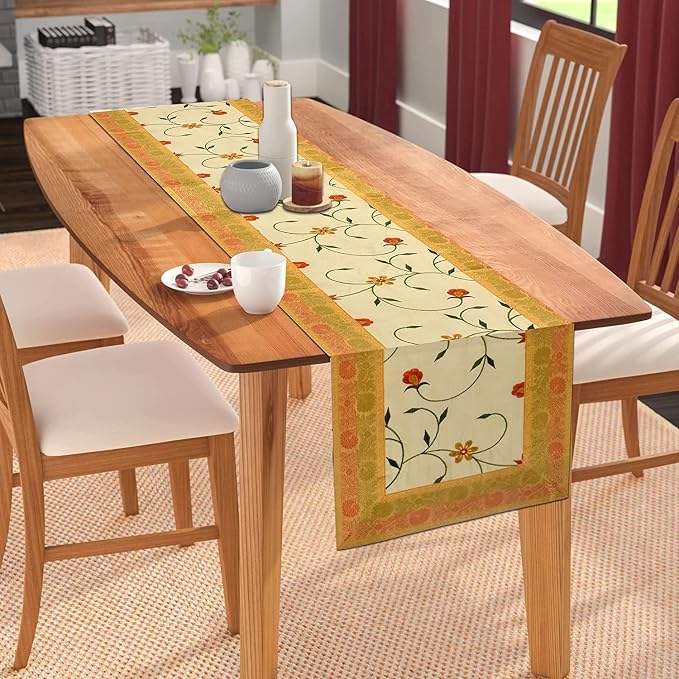 Hand Embroidered Silk Table Runner, Cream Floral Vine Design Decorative Table Linen for Dining Table, Kitchen, Coffee Table, Console, Wedding Reception, Birthday & Home Décor, 60 x 16 Inches - Image 6