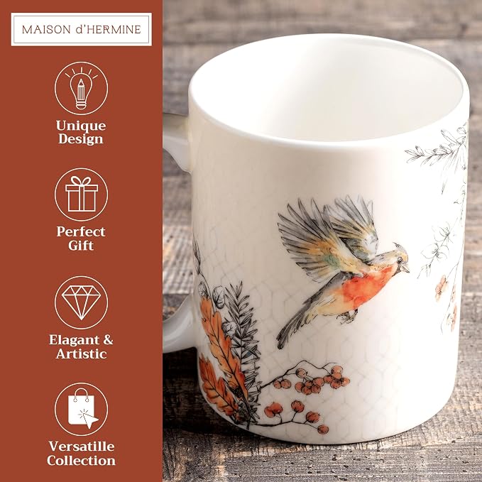 Maison d' Hermine Coffee Mug with Handles Tea Cups (15 Ounce, Pack of 1) | Fine Bone China Coffee Mugs for Hot Beverages Cappuccino Latte Home Spring Summer -Whitish Shabby Chique - Winter Robin - Image 2
