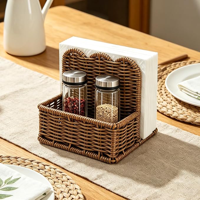 Plastic Rattan Scalloped Perimeter Napkin Holder for Table, Salt and Pepper Shakers Holder - Countertop Organizer for Rustic Room Decor, Brown (Without Salt, Pepper Shakers & Napkins) - Image 6