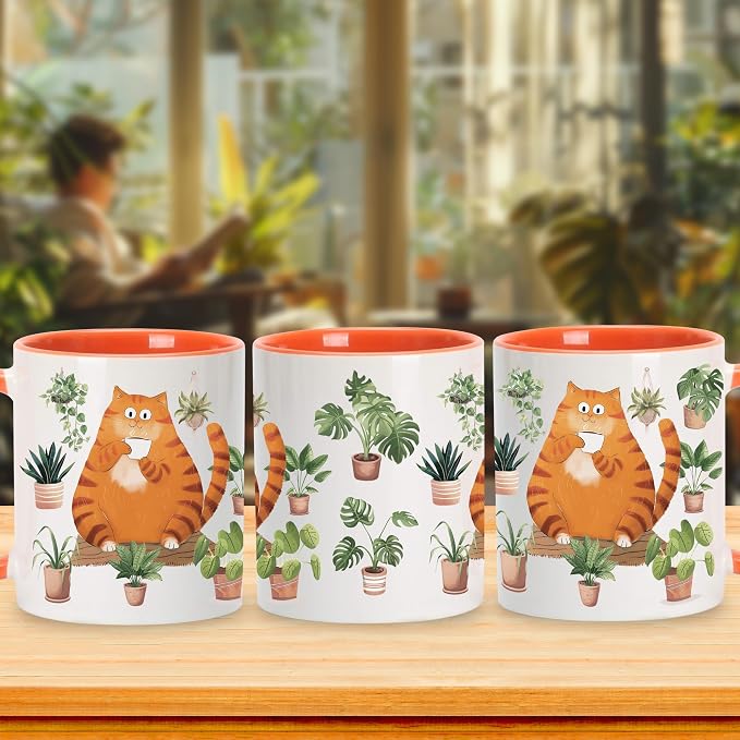 Hyturtle Cute Orange Cat Coffee Mug Gifts For Cat Mom, Plant Decor Gifts | Birthday Christmas Gift for Plant Lovers, Gardeners, Premium 11oz Two Tone Orange Ceramic Tea Cup, Perfect for Daily Drinks - Image 3