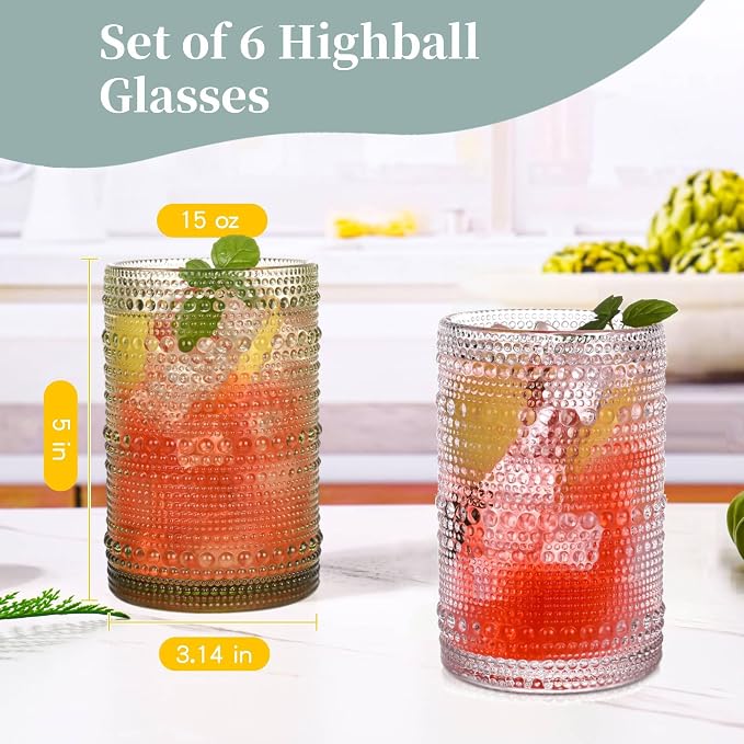 Green Hobnail Drinking Glasses Set of 6,15 oz Vintage Highball Glasses,Drinkware Kitchen Glasses for Cocktail,Iced Coffee,Beer,Ice Tea,Wine,Whiskey,Water - Image 3