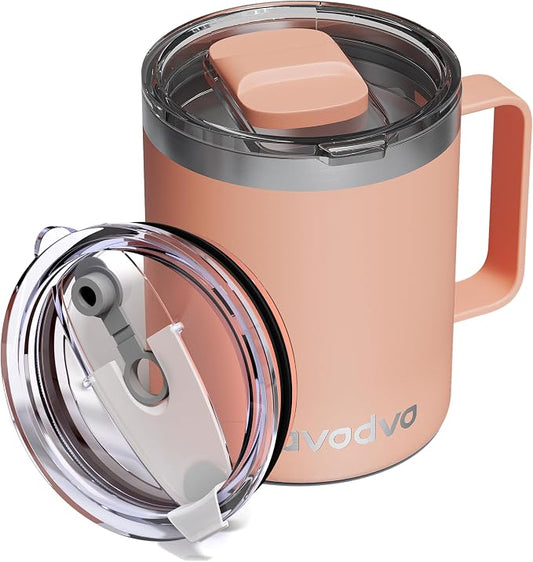12oz Insulated Coffee Mug with Lid – Includes Two Lids, Stainless Steel Coffee Travel Mug with Handle, Double Wall Vacuum Insulated Camping Mug for Home, Office & Outdoor, Orange by avodvo
