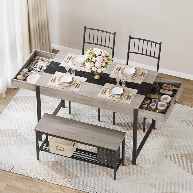 GarveeHome Dining Table Set for 4,Kitchen Table with Bench & 2 Chairs, Grey | Includes Storage Rack & Drawers, Space-Saving，Rectangular Farmhouse Style, Perfect for Breakfast Nook - Image 6