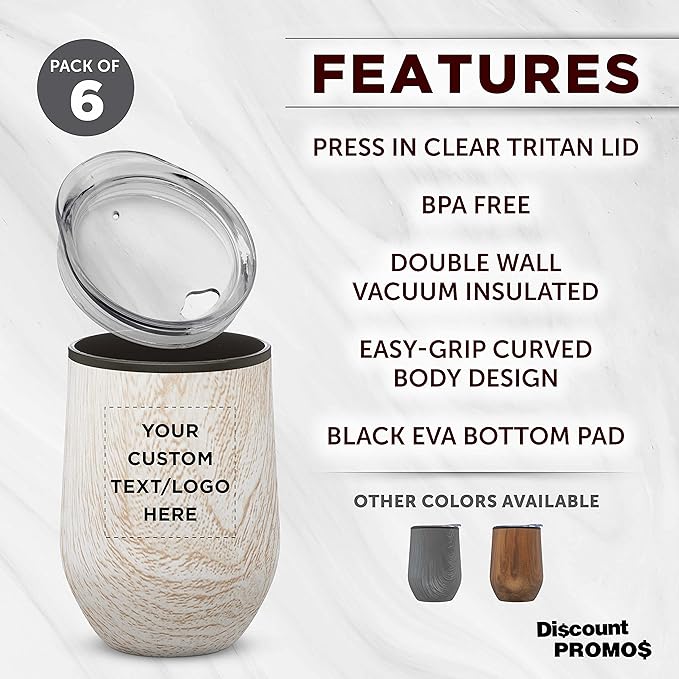 Custom Palmera Stemless Wine Tumblers with Lids 12 oz. Set of 6, Personalized Bulk Pack - Perfect for Wine, Cocktails, Other Hot & Cold Beverages - Ashwood