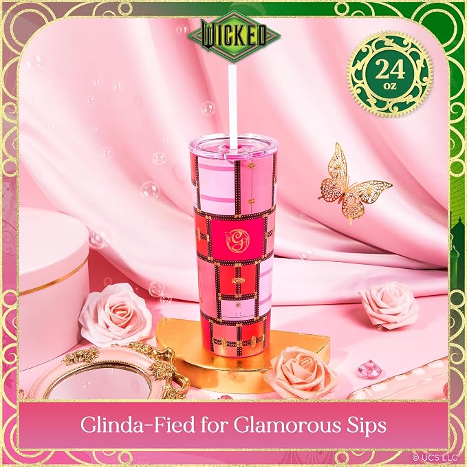 Dragon Glassware x Wicked Stainless Steel Tumbler with Straw, 24oz - Glinda | Vacuum Insulated Wicked Cup with Lid & Straw For Water & Iced Tea; Official Wicked Merch - Image 2