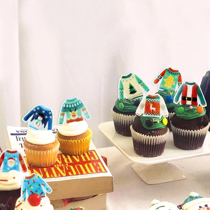 40PCS Edible Ugly Sweater Cupcake Toppers Wafer Paper Christmas Cupcake Toppers Picks Merry Christmas Theme Holiday Baby Shower Birthday Party Cake Decorations Supplies - Image 2