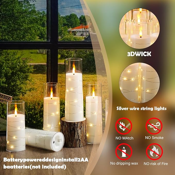 Sasigeiaa Flameless Candles with Embedded Star String - Battery Operated LED Candles, with Remote,12 White Flickering Candles for Christmas, Weddings, Home Decor & Party,(D 2.3"×H 5" 6" 7") - Image 3