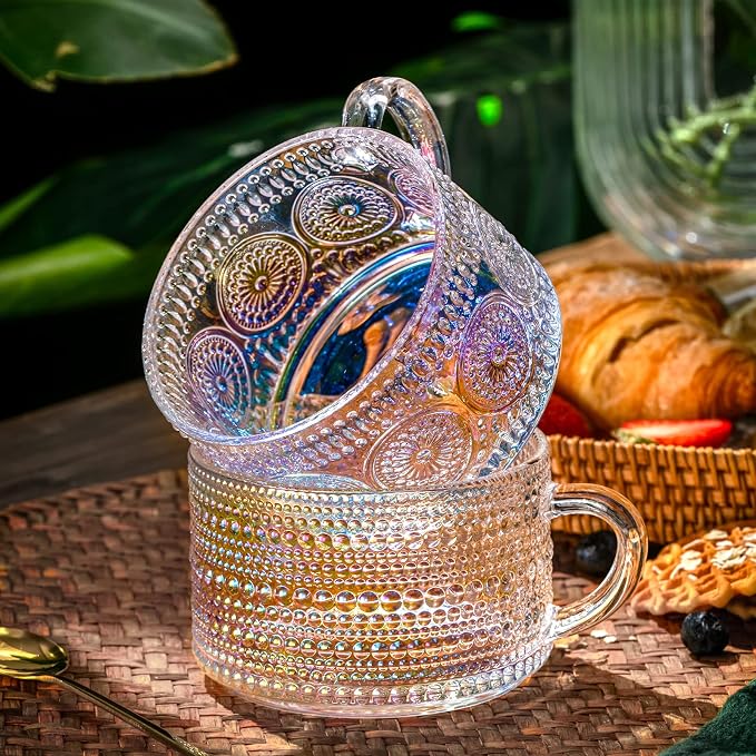 Gezzeny Vintage Glass Coffee Mugs 14 Oz Set of 2 Iridescent Embossed, Tea Cups,Glass Coffee Cups for Cappuccino, Latte,Cereal, Yogurt, Beverage Christmas Thanksgiving Day Gifts - Image 5