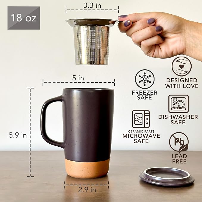 Mora Ceramics Large Tea Mug with Loose Leaf Infuser and Ceramic Lid, 18 oz, Portable, Microwave, Dishwasher Safe, Tall Coffee Cup - Rustic Matte Ceramic Glaze, Modern Herbal Tea Strainer, Nightwaves - Image 3