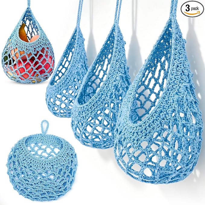Honeydak Boho Decor Hanging Wall Baskets for Kitchen 3 Pack Teardrop Baskets with Hooks Storage Fruit Onion Vegetable Potato for Home(Light Blue,Crochet,Cotton Rope) by Honeydak