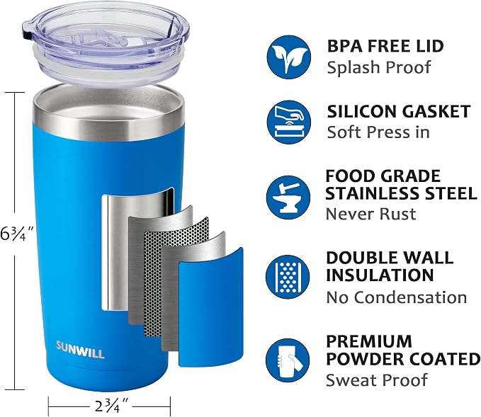 SUNWILL Travel Coffee Tumbler 20 oz, Insulated Mug with Lid, Stainless Steel Cup for Outdoor, Powder Coated Royal Blue - Image 2