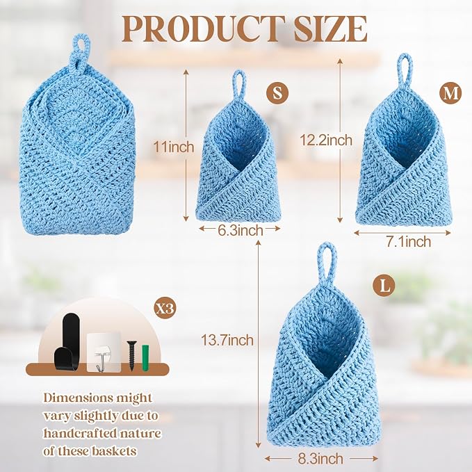 Honeydak Boho Decor Hanging Wall Baskets for Kitchen 3 Pack Teardrop Baskets with Hooks Storage Fruit Onion Vegetable Potato for Home(Light Blue,Triangle,Cotton Rope) - Image 2