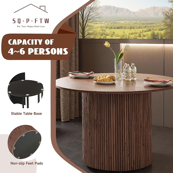 Round Dining Table Set for 4, Mid Century Modern Wooden Kitchen Table and Chairs, Space-Saving Small Dinette Set (47 Inch Walnut Table+4 Brown Chairs) - Image 8
