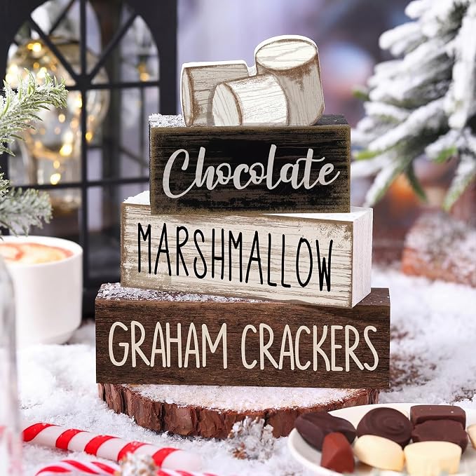 Moucuny 4 Pcs Christmas Table Decoration Wooden Marshmallow Chocolate Christmas Tiered Tray Decor Xmas Centerpiece Decorative Hot Cocoa Marshmallow Block Signs Gift Winter Decoration for Home Kitchen - Image 2