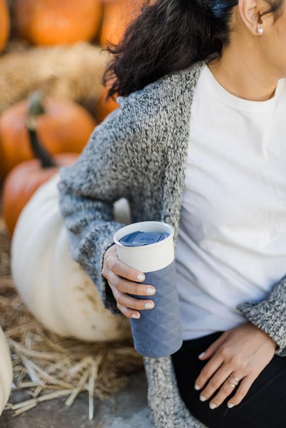 Ello Ogden BPA-Free Ceramic Travel Mug with Lid, Evening Blue, 16 oz | Splash-resistant ceramic travel mug with slider lid and protective silicone sleeve. BPA-free, great for coffee and tea. - Image 2