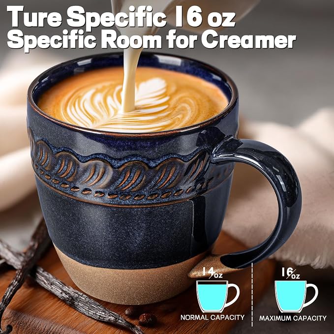 Artena Ceramic Coffee Mugs Set of 4, 16oz Embossed Large Latte Mugs Coffee Cups with Handle for Tea, Latte, Cappuccino & Cocoa, Milk Dishwasher & Microwave Safe, Blue (Willow Leaf) - Image 2