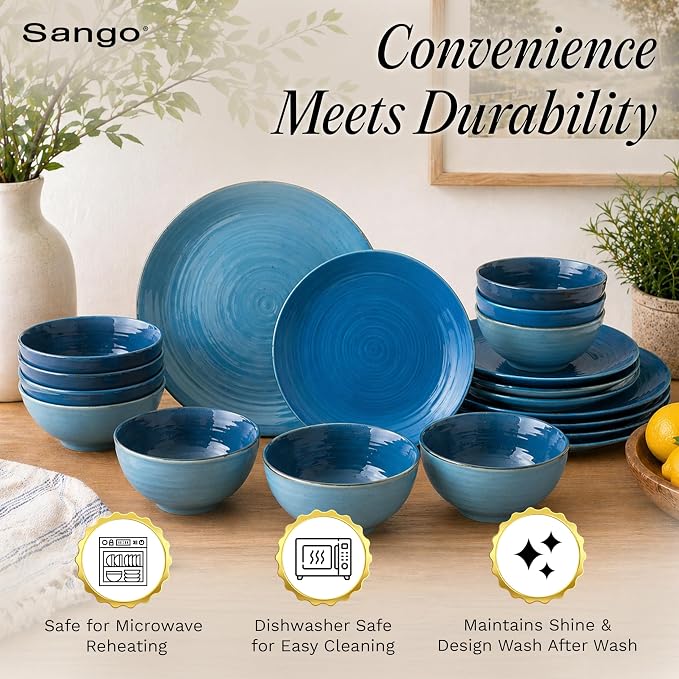 Sango Siterra Artist's Blend 16-Piece Stoneware Dinnerware Set – Service for 4, Ocean Blue Glossy Glaze with Unique Speckled Design, for Everyday Dining & Entertainment, Microwave & Dishwasher Safe - Image 4
